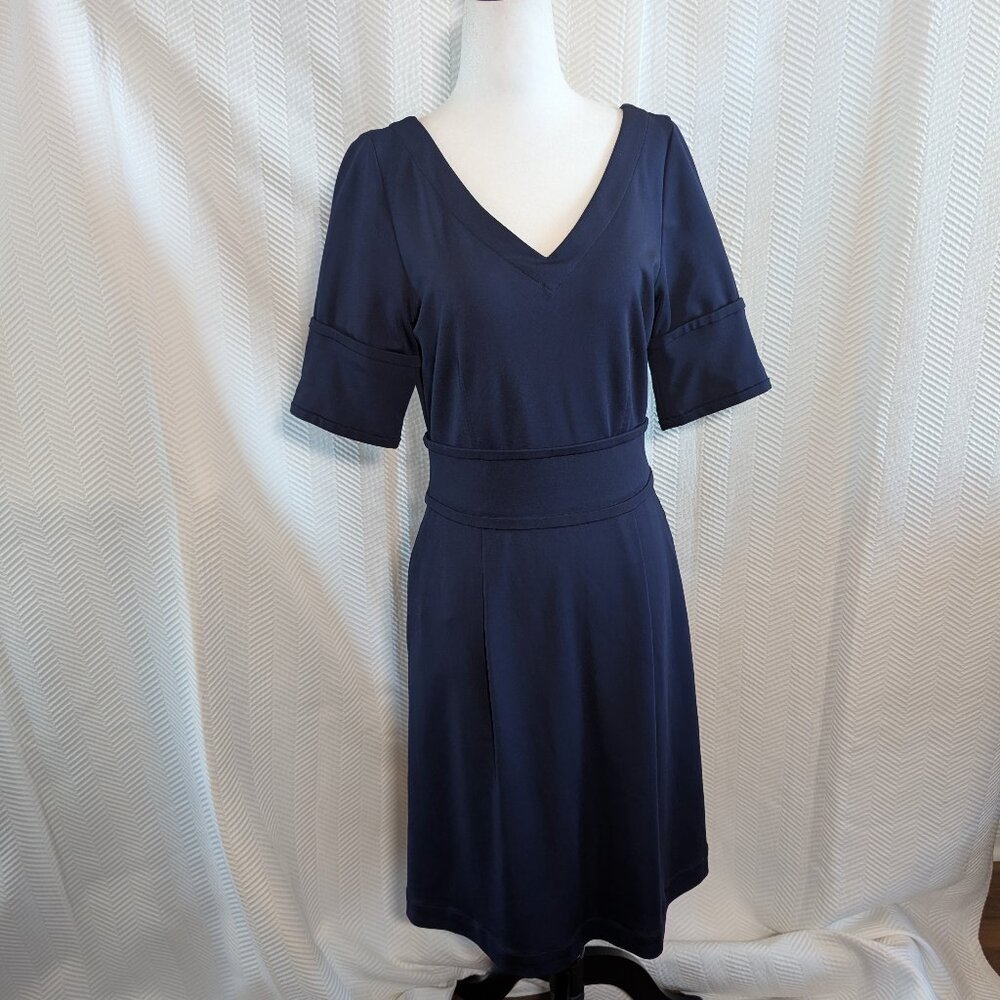 Pink Tartan Navy Blue Stretch Sheath Dress Small Office Classic Minimalist